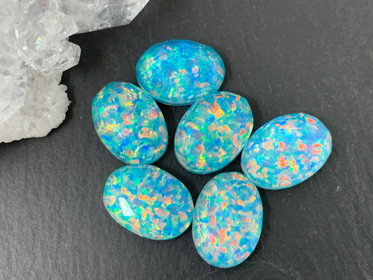 Faceted Aurora Opal oval 10x14mm cabochons - Blue Glittery Cabochons - Doublet cabochons