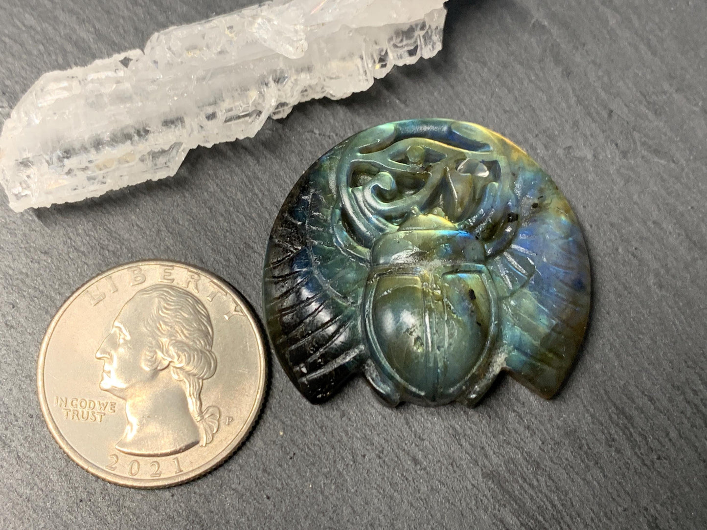 Labradorite Scarab Carving: Ancient Egyptian Eye of Horus Symbol of Protection (34x31mm)