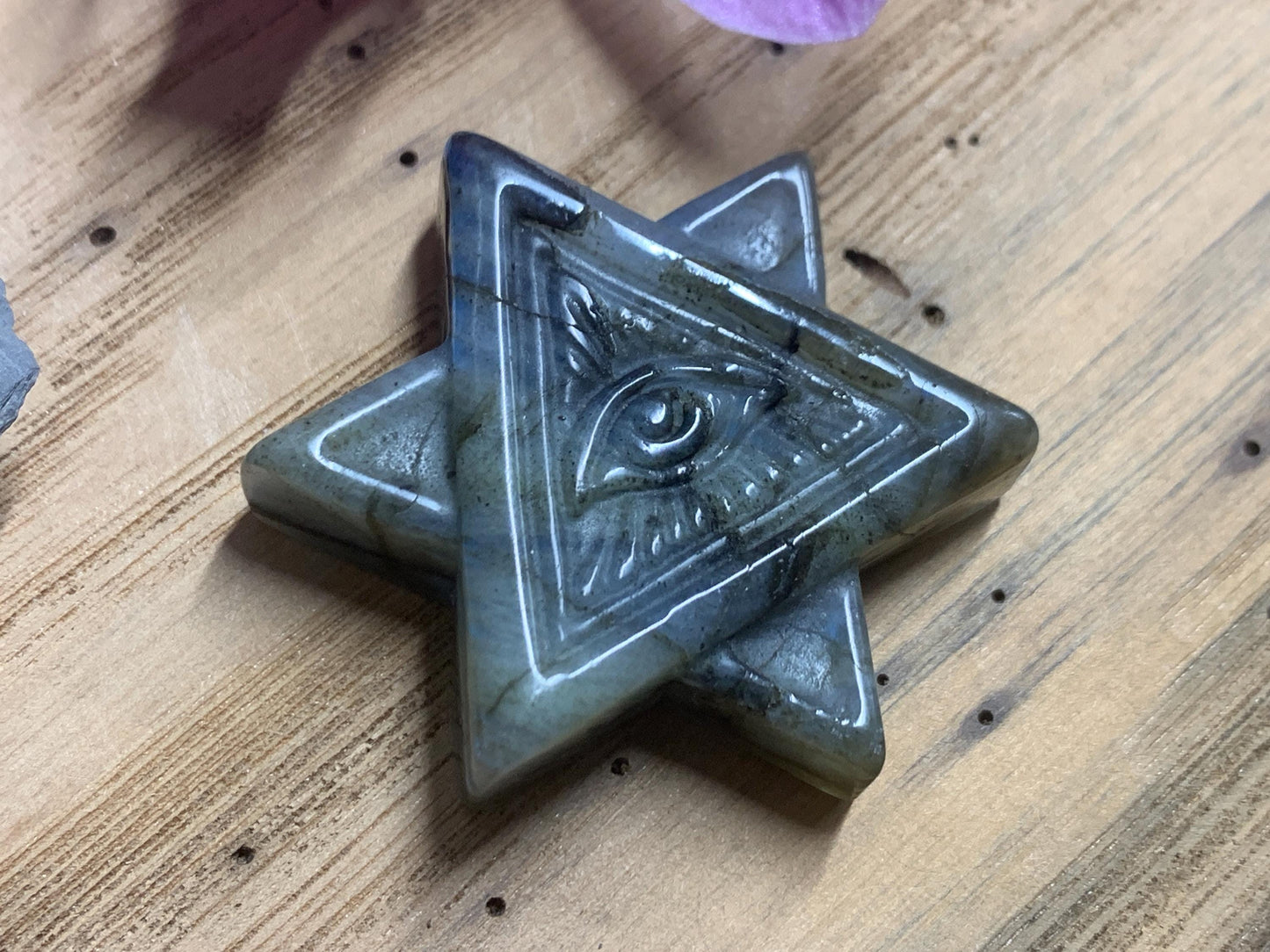 Labradorite All Seeing Eye 50x40 mm Carving. Hand Carved Labradorite Merkaba Star