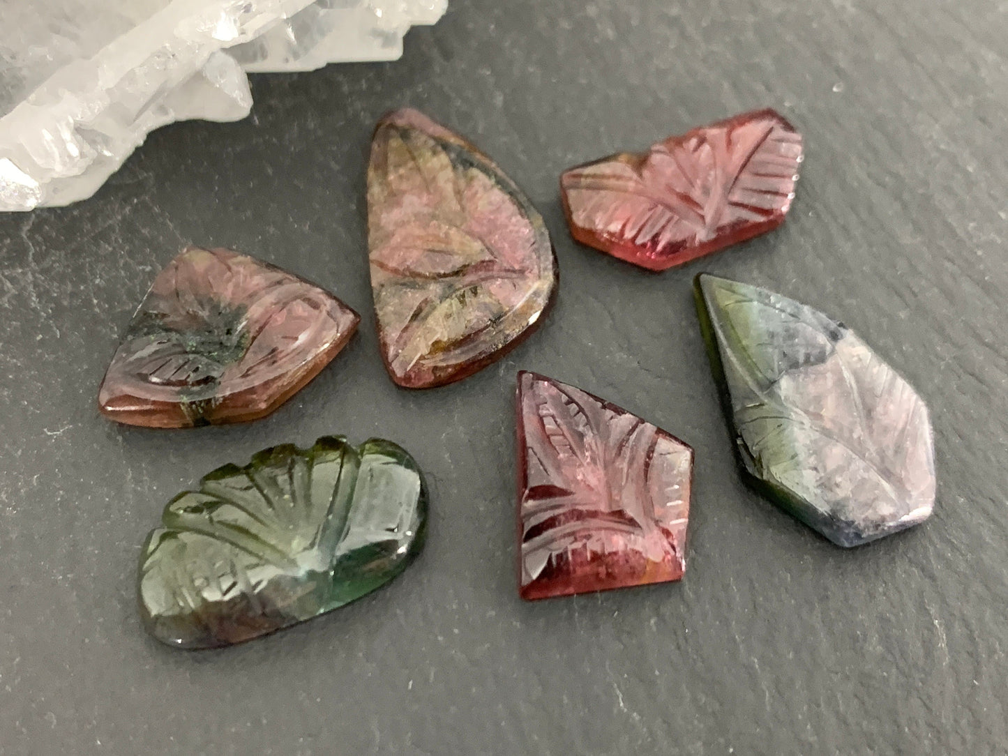 Carved Tourmaline free form 8-18mm long cabochon