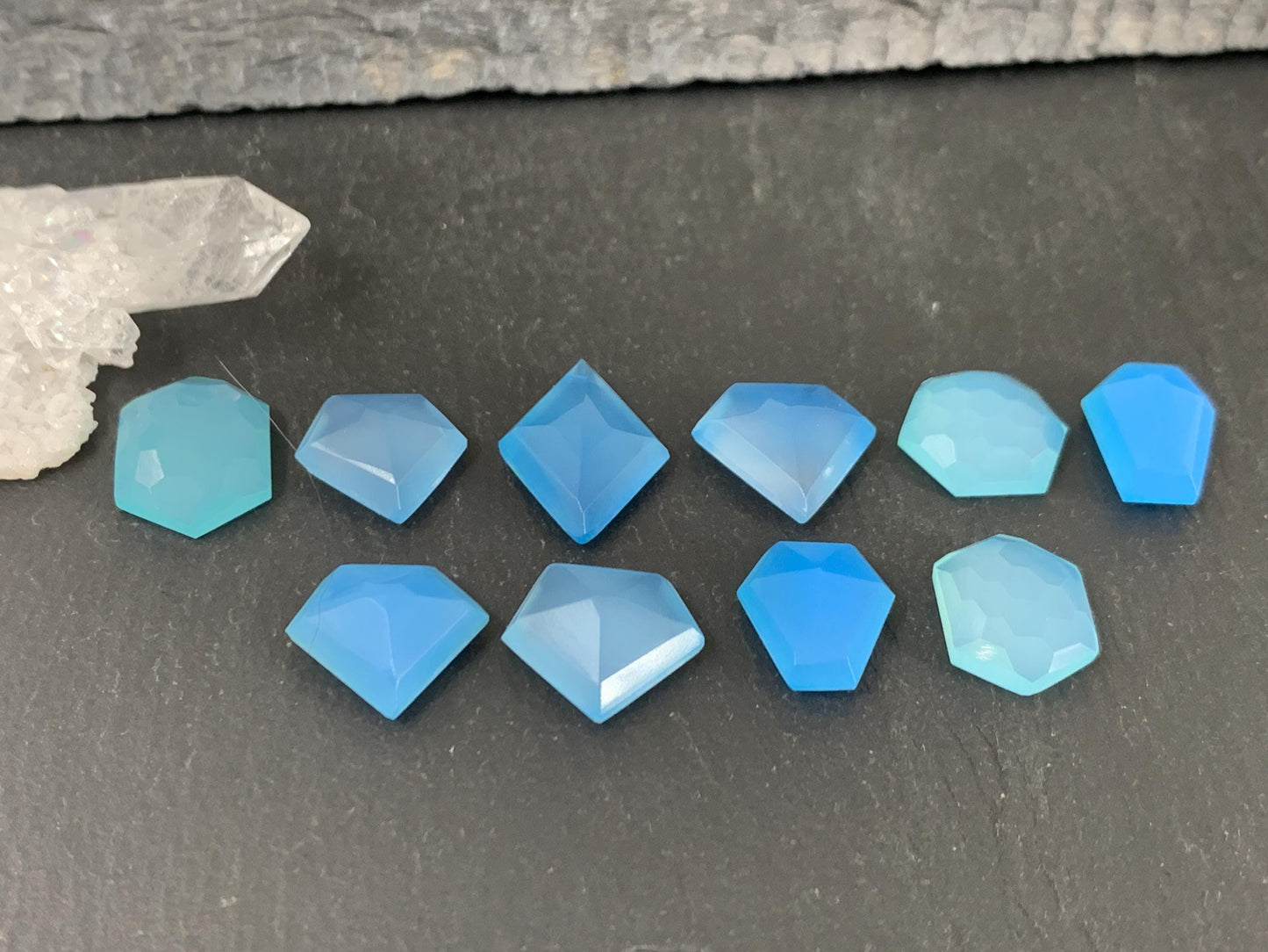 Faceted Blue Chalcedony 12-18mm long cabochon