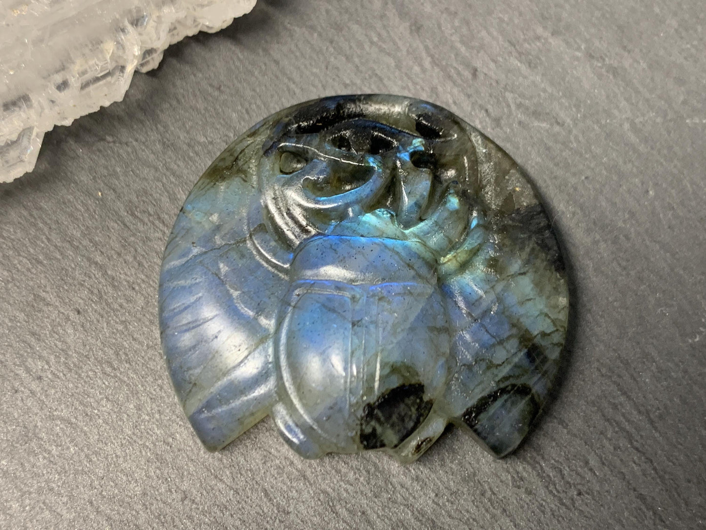 Labradorite Scarab Carving: Ancient Egyptian Eye of Horus Symbol of Protection (34x31mm)