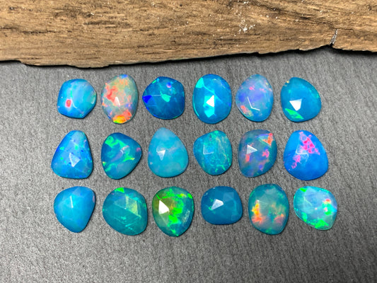 Faceted Blue Ethiopian Opal 8-11mm long cabochon