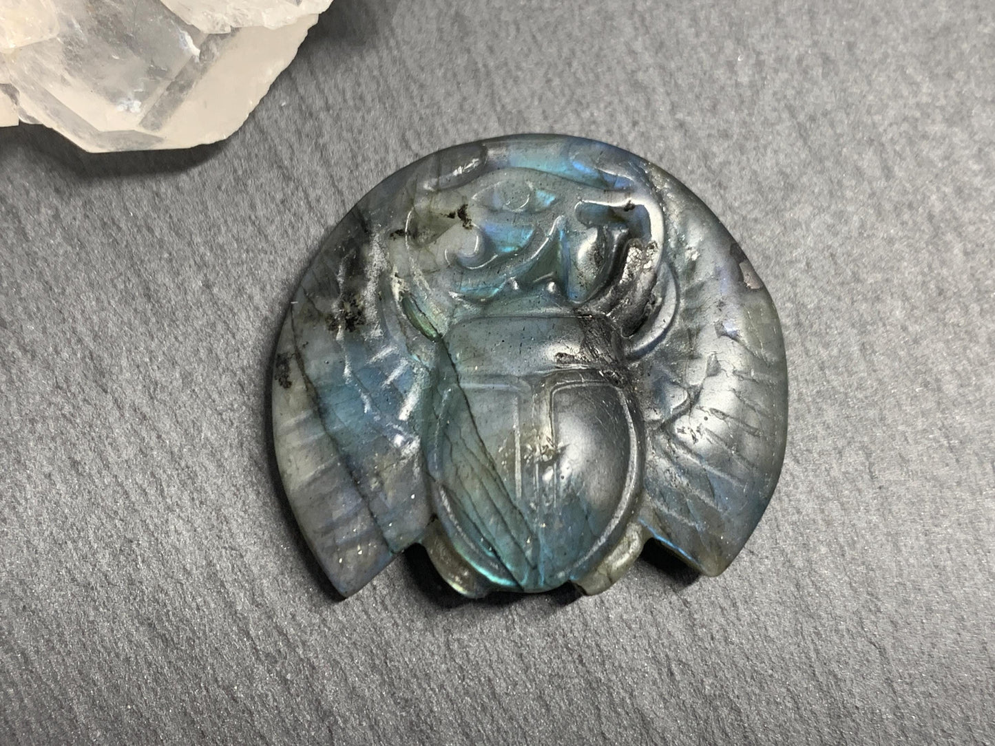 Labradorite Scarab Carving: Ancient Egyptian Eye of Horus Symbol of Protection (34x31mm)