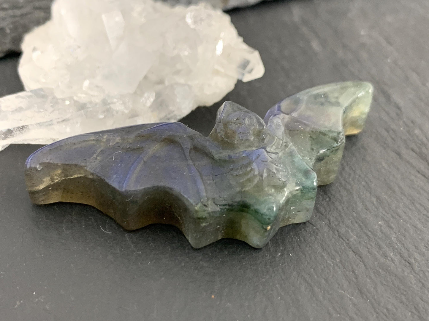 Labradorite skeleton bat 19x49mm flat back carving