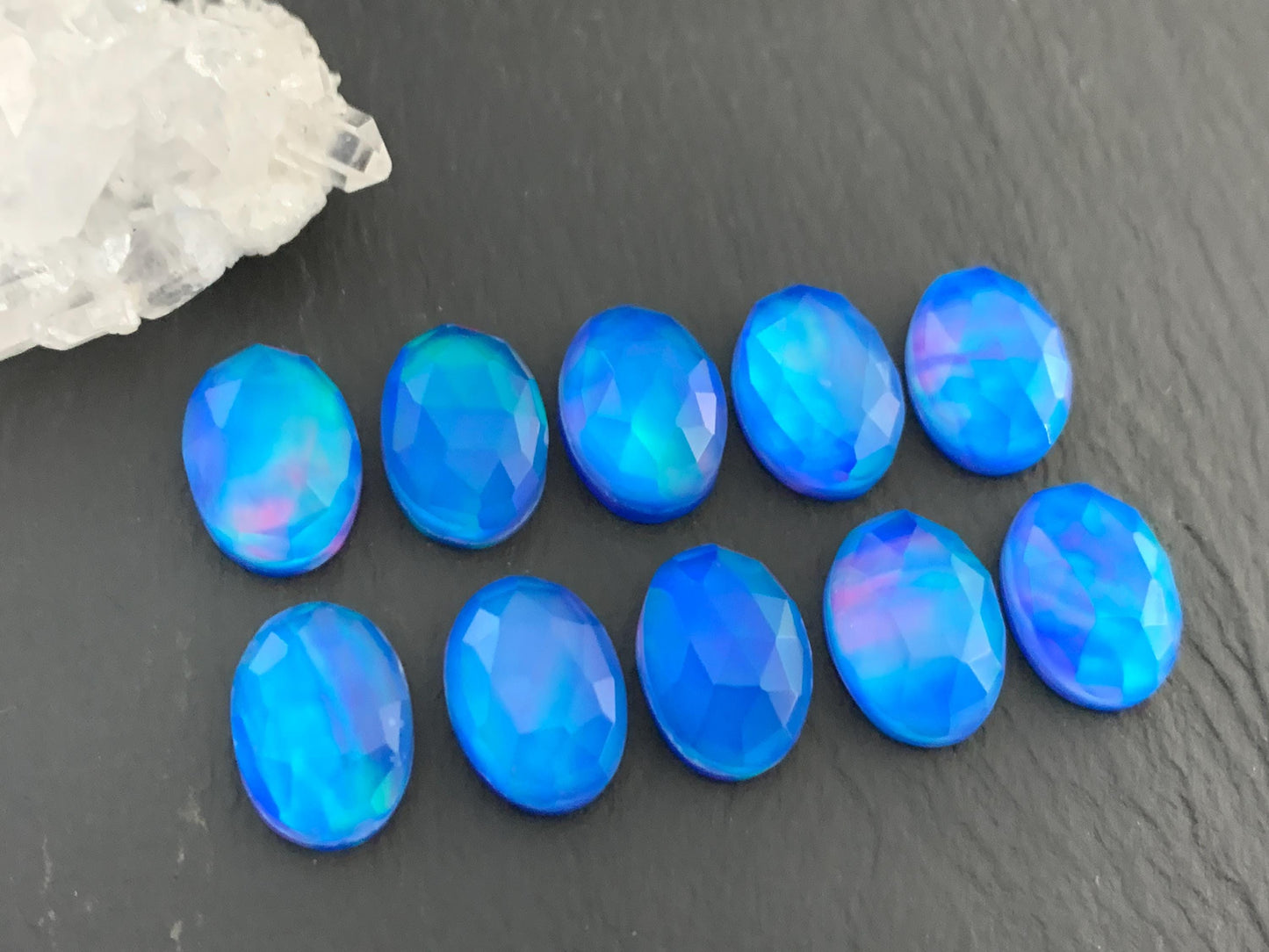 Faceted  Aurora Opal oval 10x14mm cabochons - Doublet cabochons