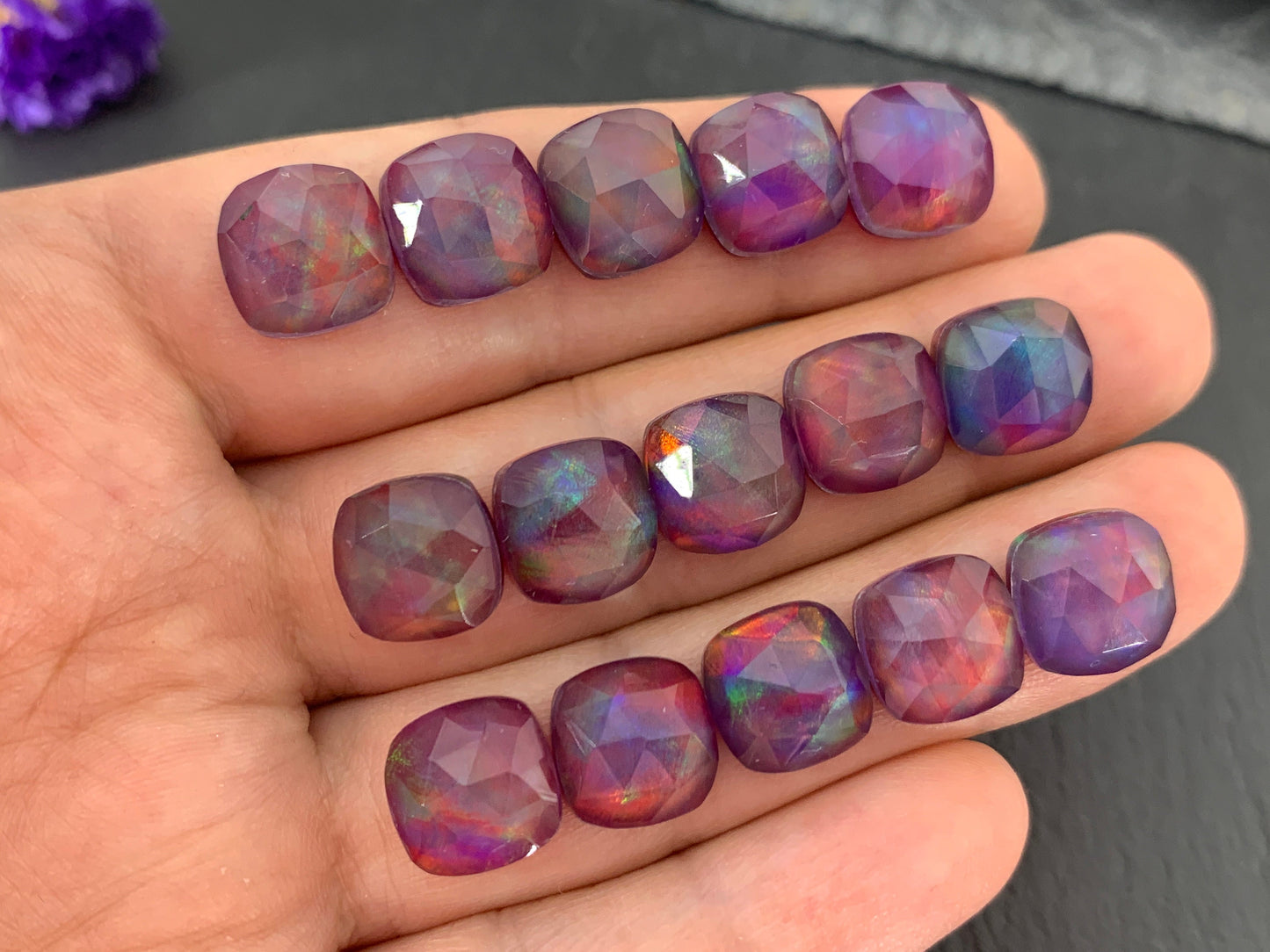 Faceted Aurora Opal square 10mm cabochon - Doublet cabochons