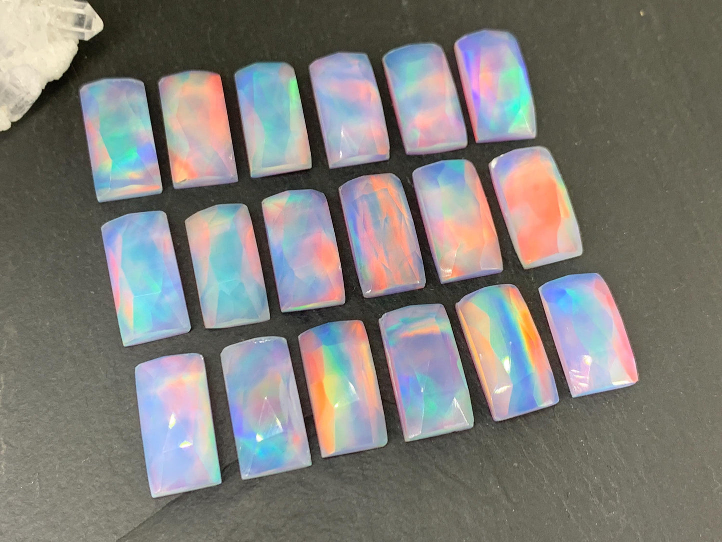 Faceted Aurora Opal rectangle 8x15-16mm cabochon - Doublet cabochon