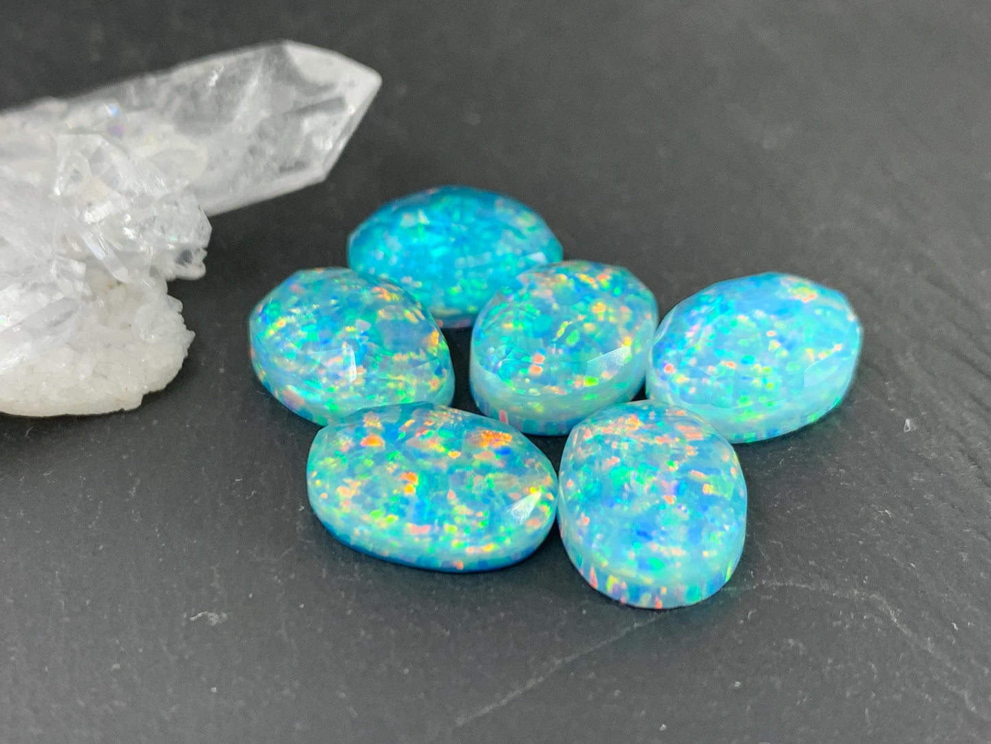 Faceted Aurora Opal oval 10x14mm cabochons - Blue Glittery Cabochons - Doublet cabochons