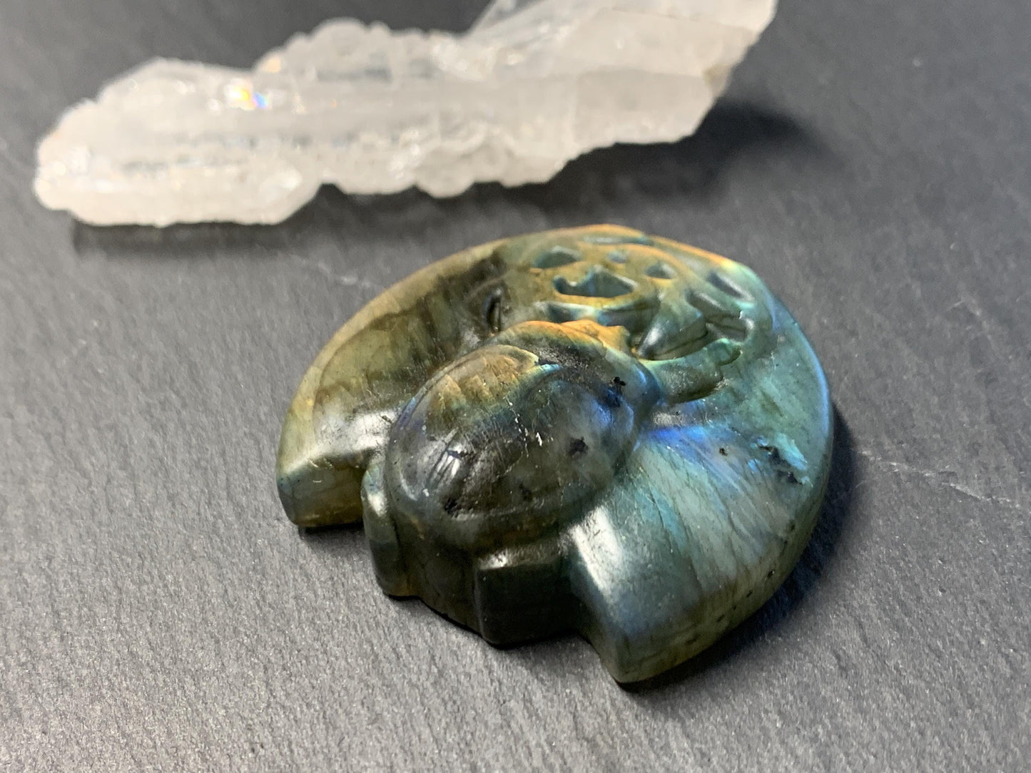 Labradorite Scarab Carving: Ancient Egyptian Eye of Horus Symbol of Protection (34x31mm)