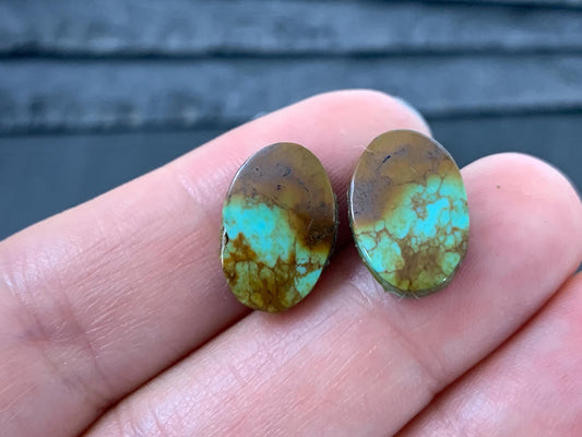 Tibetan Turquoise Pair 10x15mm Cabochon - Hand Cut Cabochon