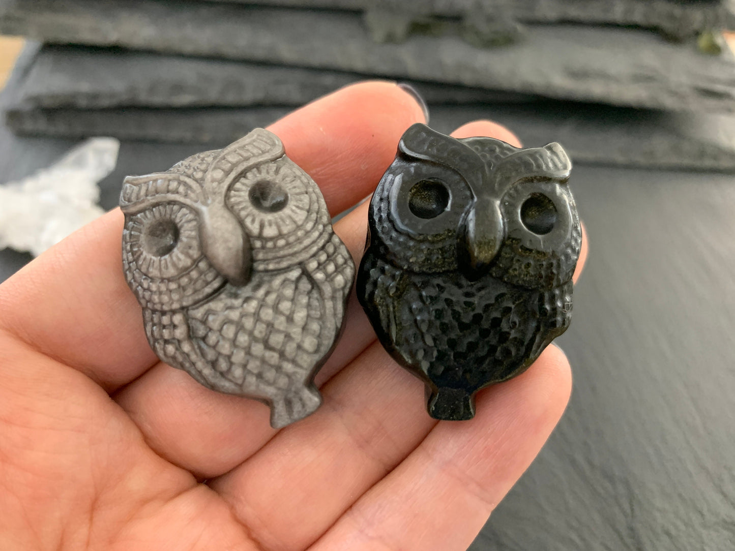 Silver & Gold Obsidian owl cabochon carving
