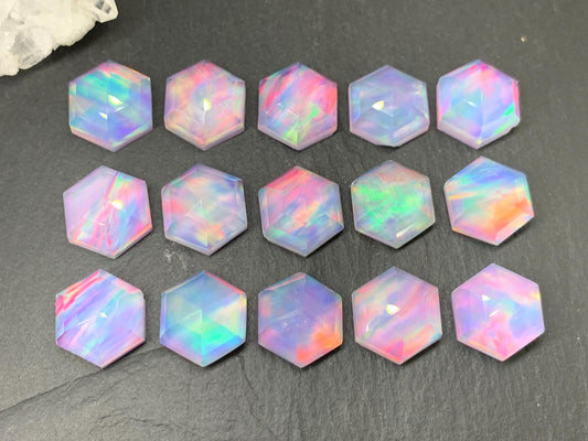 Faceted  Aurora Opal hexagon 12mm cabochon - Doublet cabochons - man made Opal