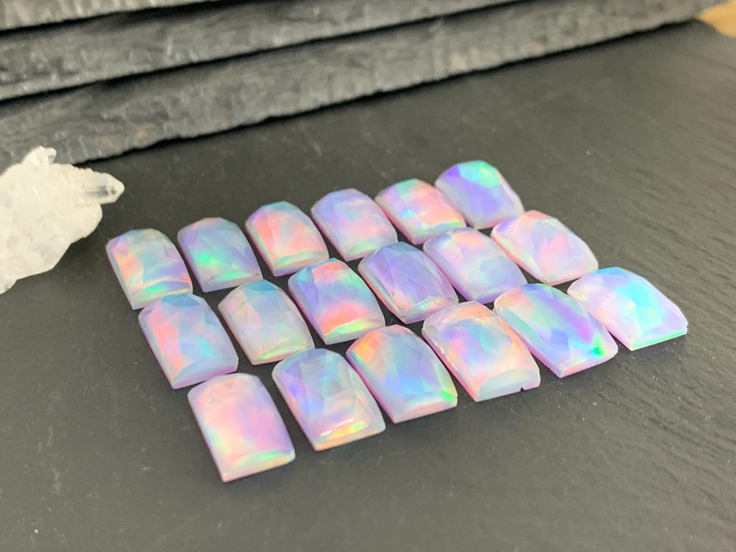 Faceted Aurora Opal rectangle 8x15-16mm cabochon - Doublet cabochon