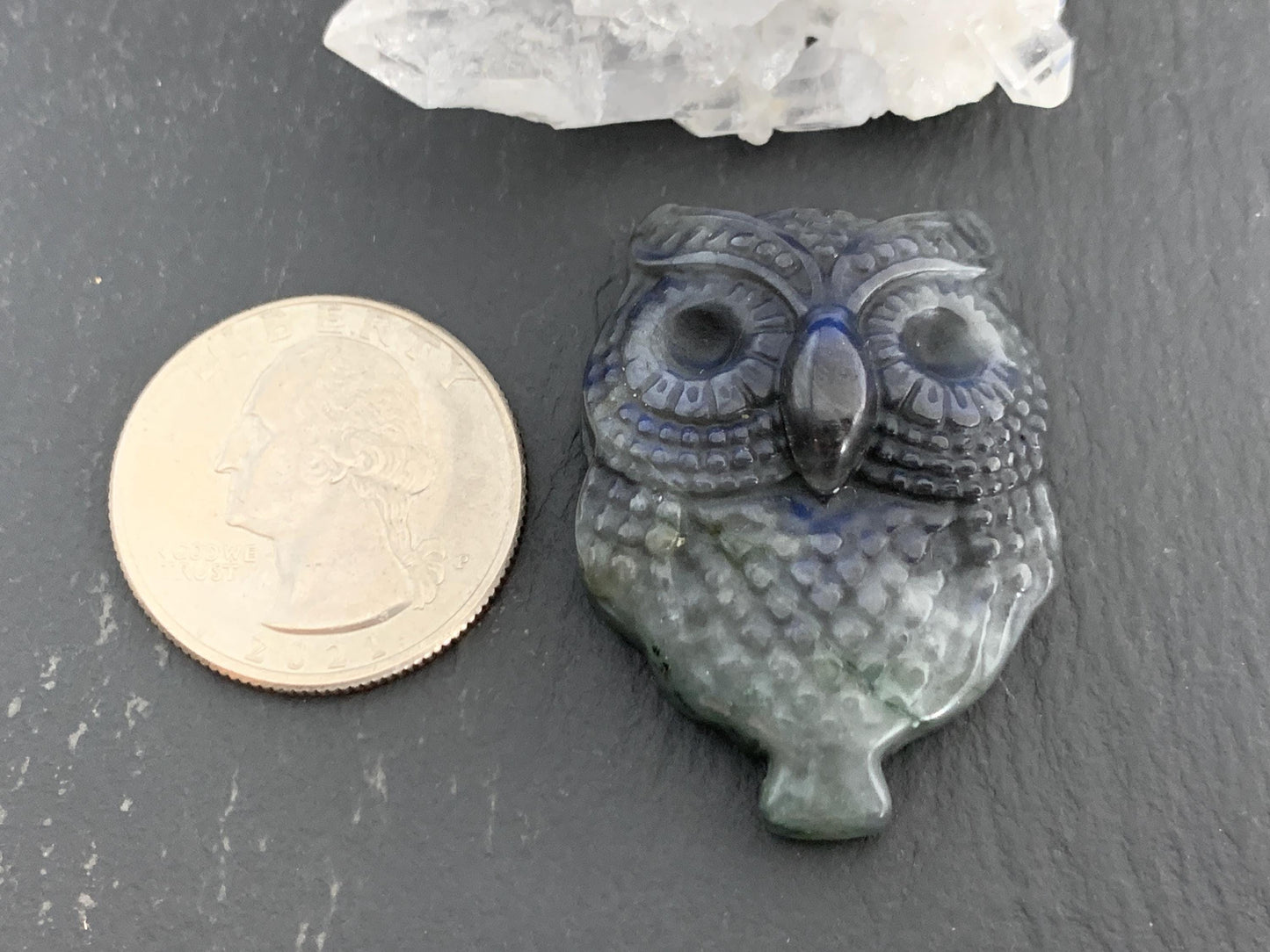 Labradorite owl 27x37mm cabochon carving