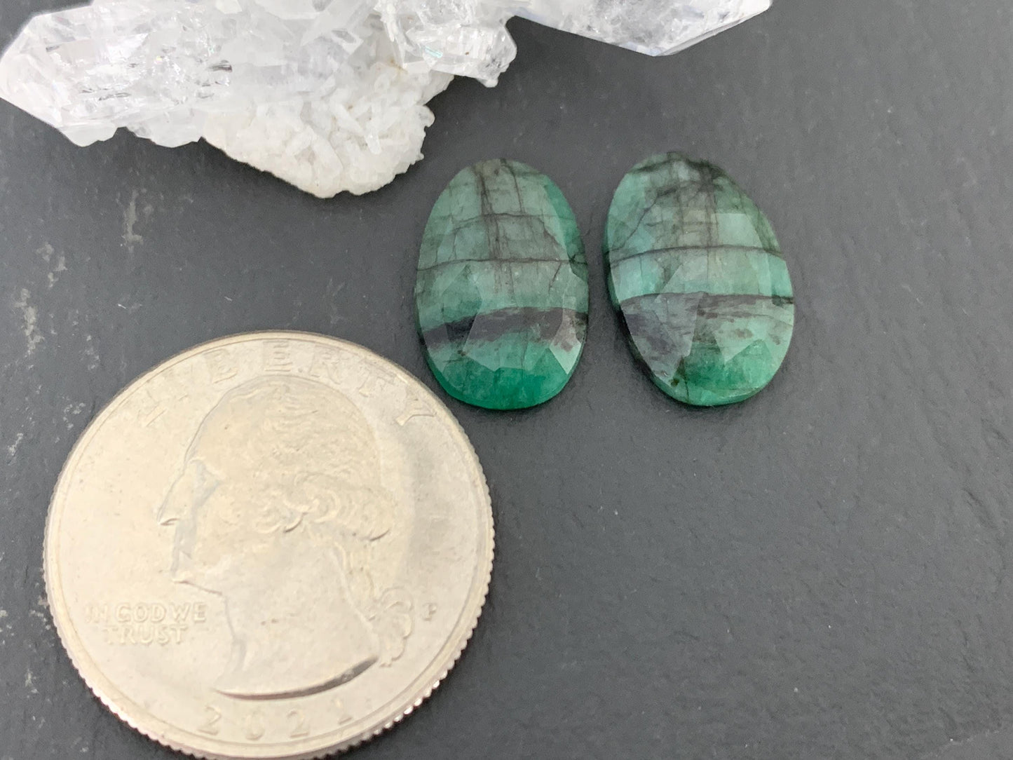 Faceted Emerald Pair 10x16x4mm cabochon