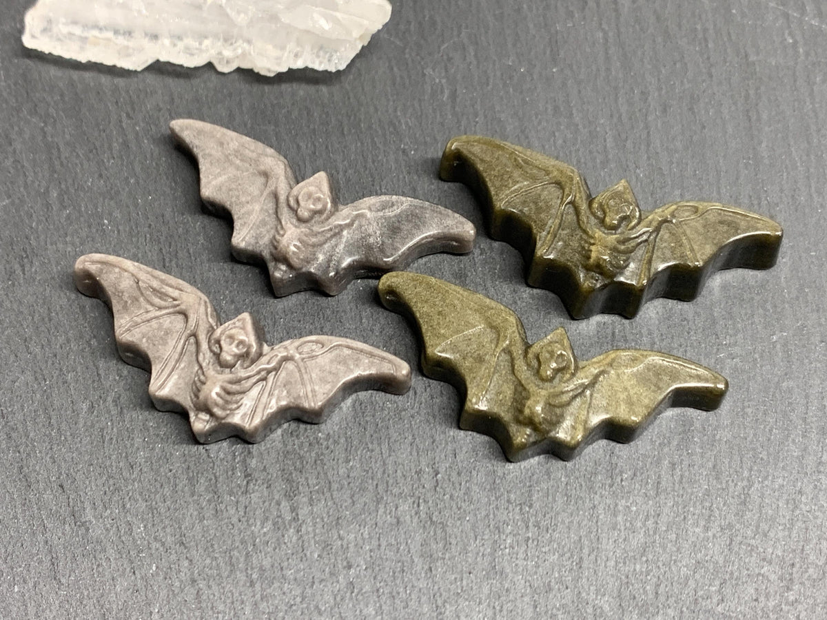 Obsidian Bat Carving, Natural Silver Gold Flat Back Gem - 50x20mm