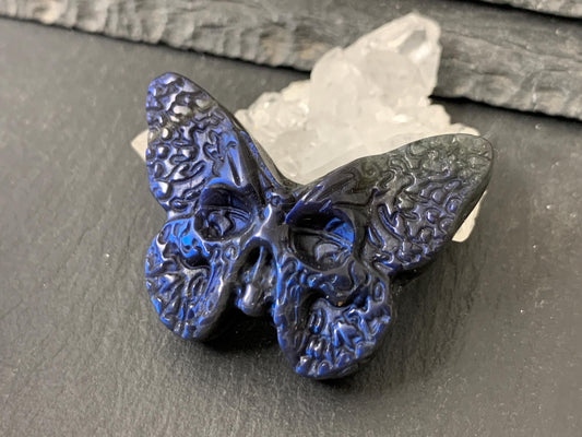 Labradorite Butterfly Carving 28x40mm Flat Back Gemstone - Hand Carved Ghost Face Design