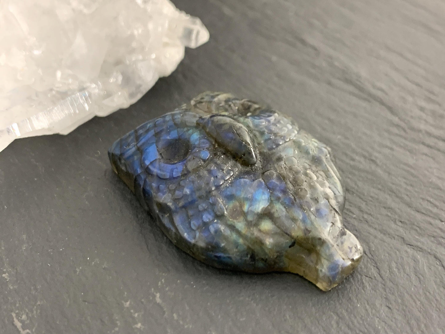 Labradorite owl 27x37mm cabochon carving