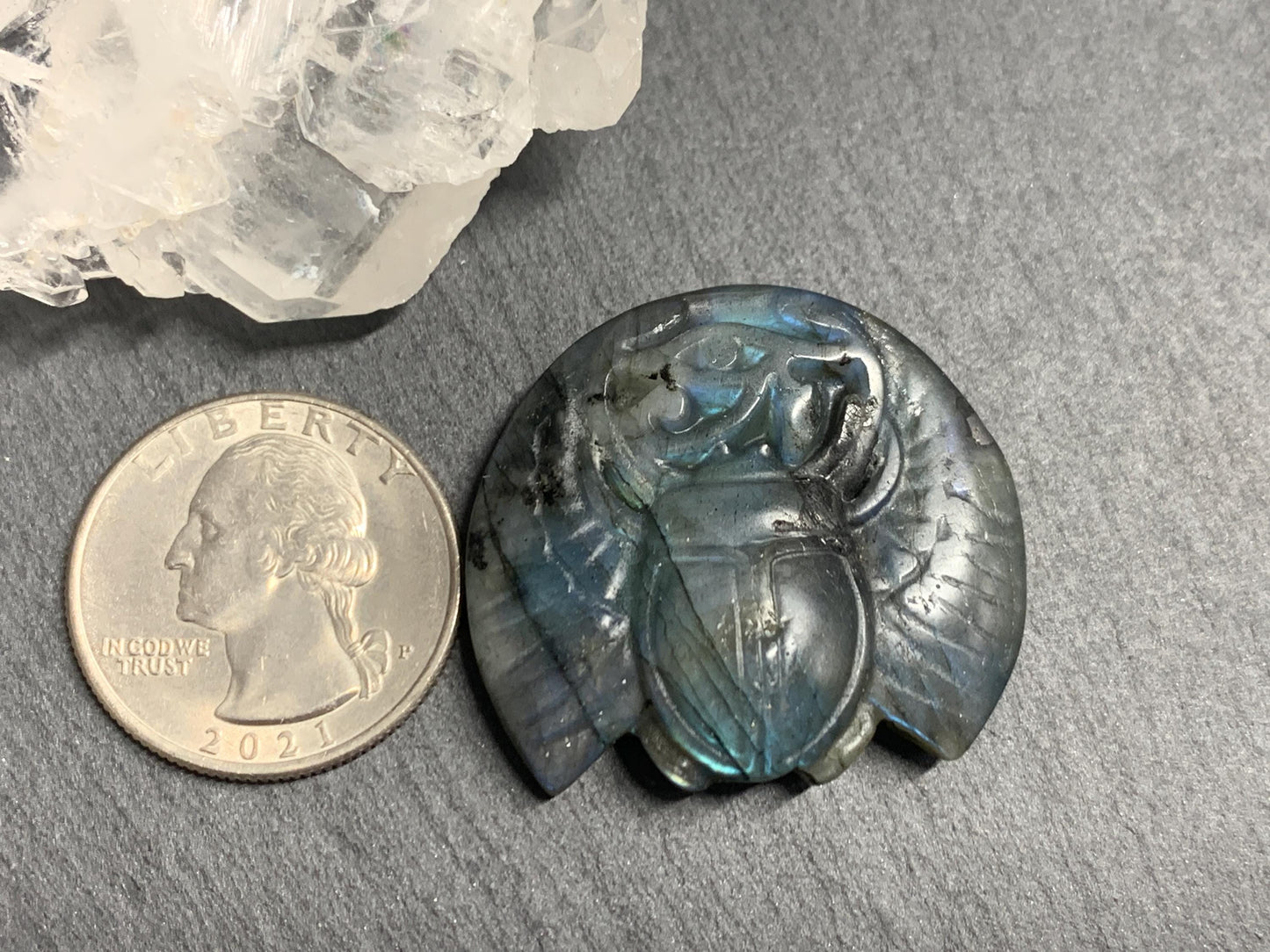 Labradorite Scarab Carving: Ancient Egyptian Eye of Horus Symbol of Protection (34x31mm)