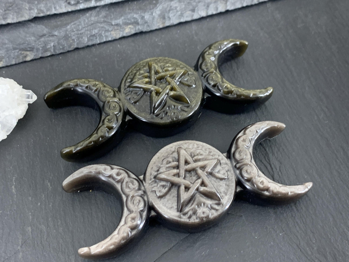 Obsidian Pentacle Altar Decor, Triple Moon Carving - Wiccan Gift