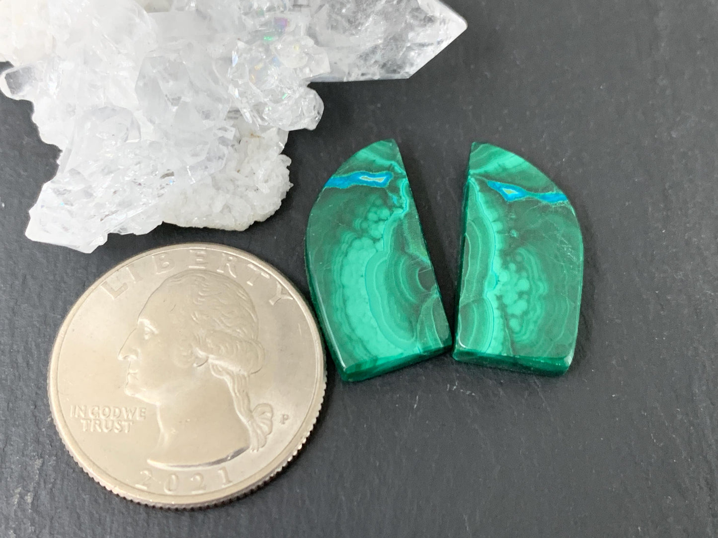 Malachite Chrysocolla free form 11x21x4mm cabochon pair