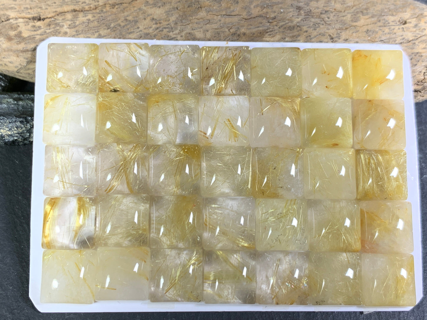 Gold Rutilated Quartz square 10mm cabochon - Calibrated cabochons