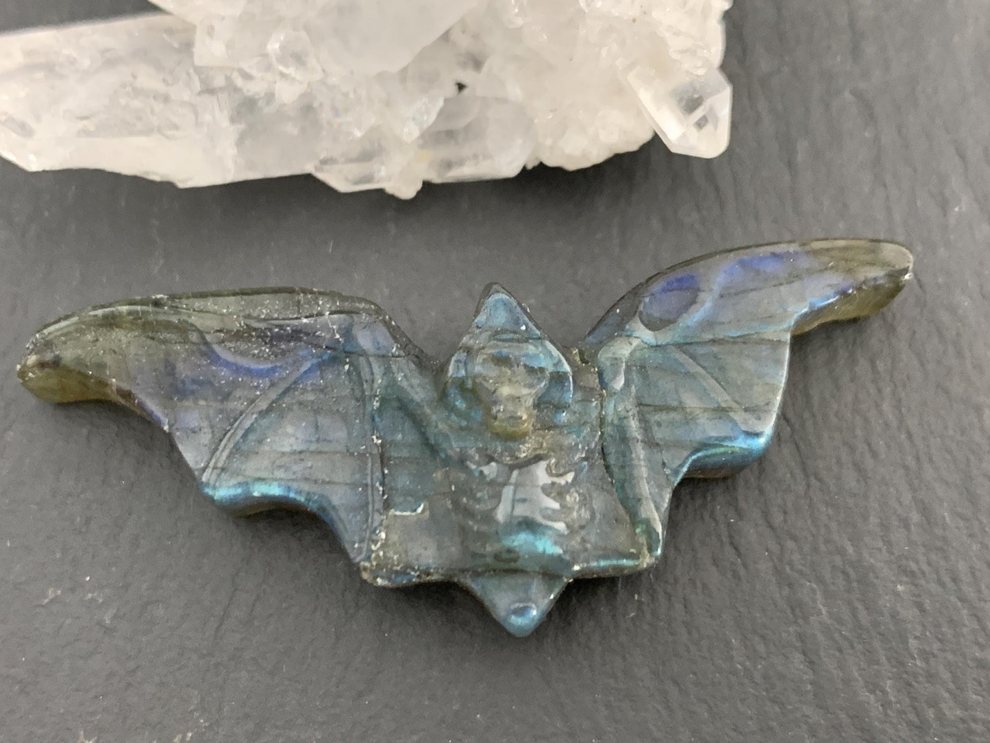 Discounted Labradorite skeleton bat 19x48mm flat back carving