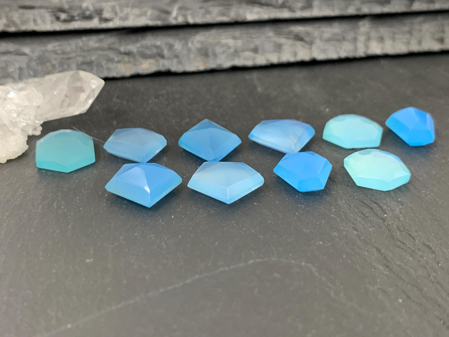 Faceted Blue Chalcedony 12-18mm long cabochon
