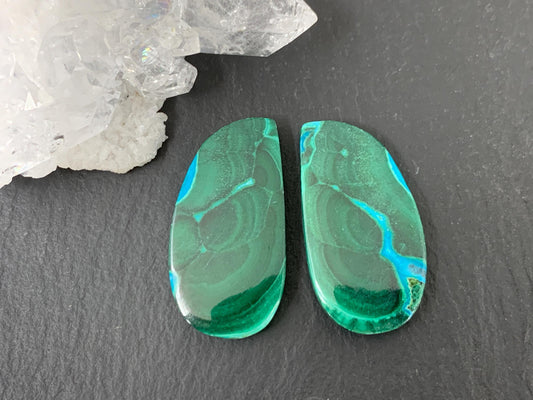 Malachite Chrysocolla free form 13x25x3.5mm cabochon pair