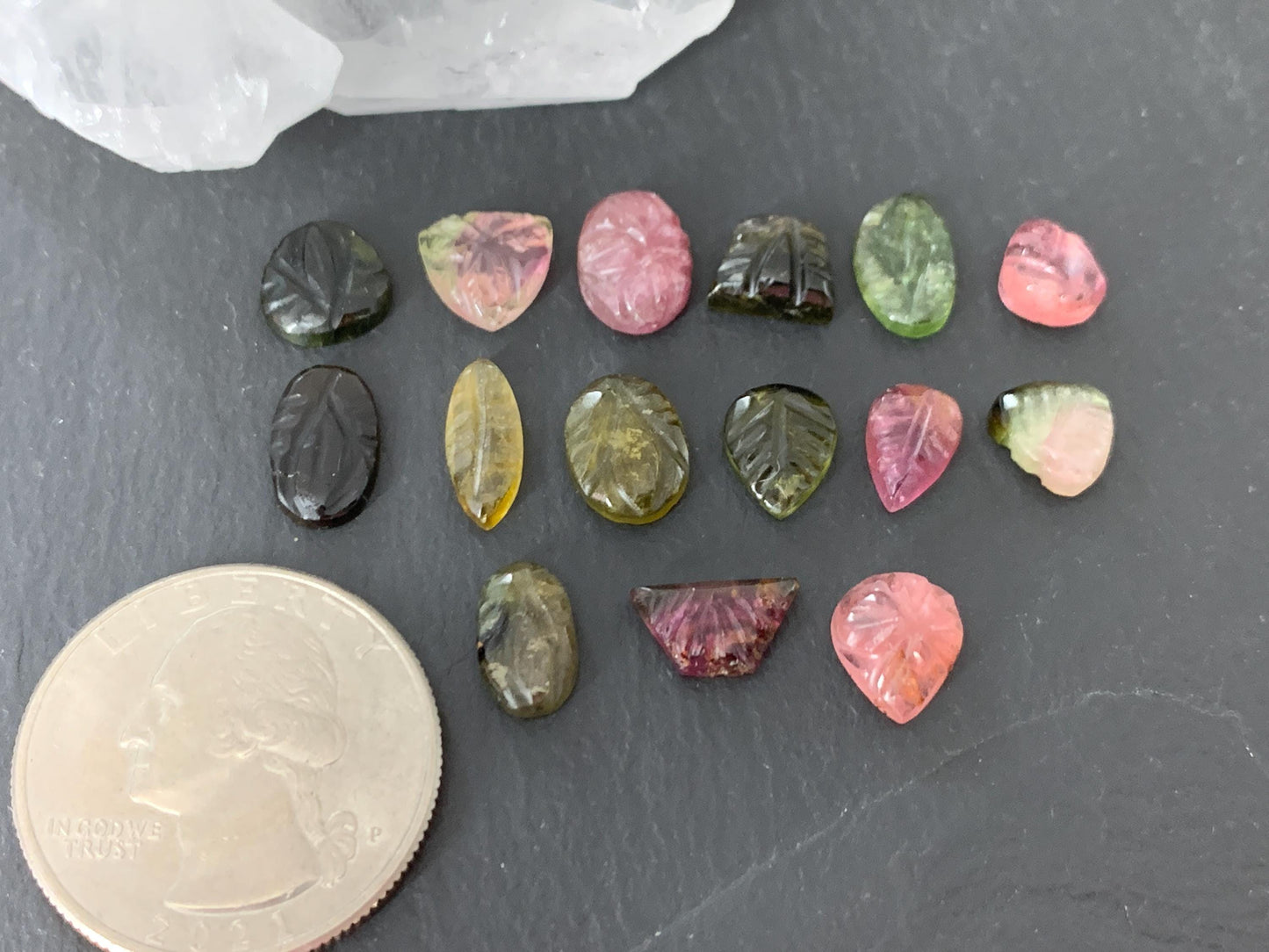 Carved Tourmaline 7-11mm long cabochon