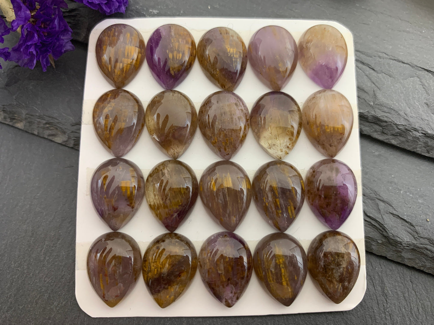 Amethyst Cacoxenite pear 12x16mm cabochon - Calibrated cabochons
