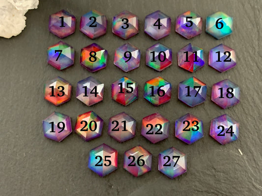 Faceted Aurora Opal hexagon 8x9mm cabochon - Doublet cabochons