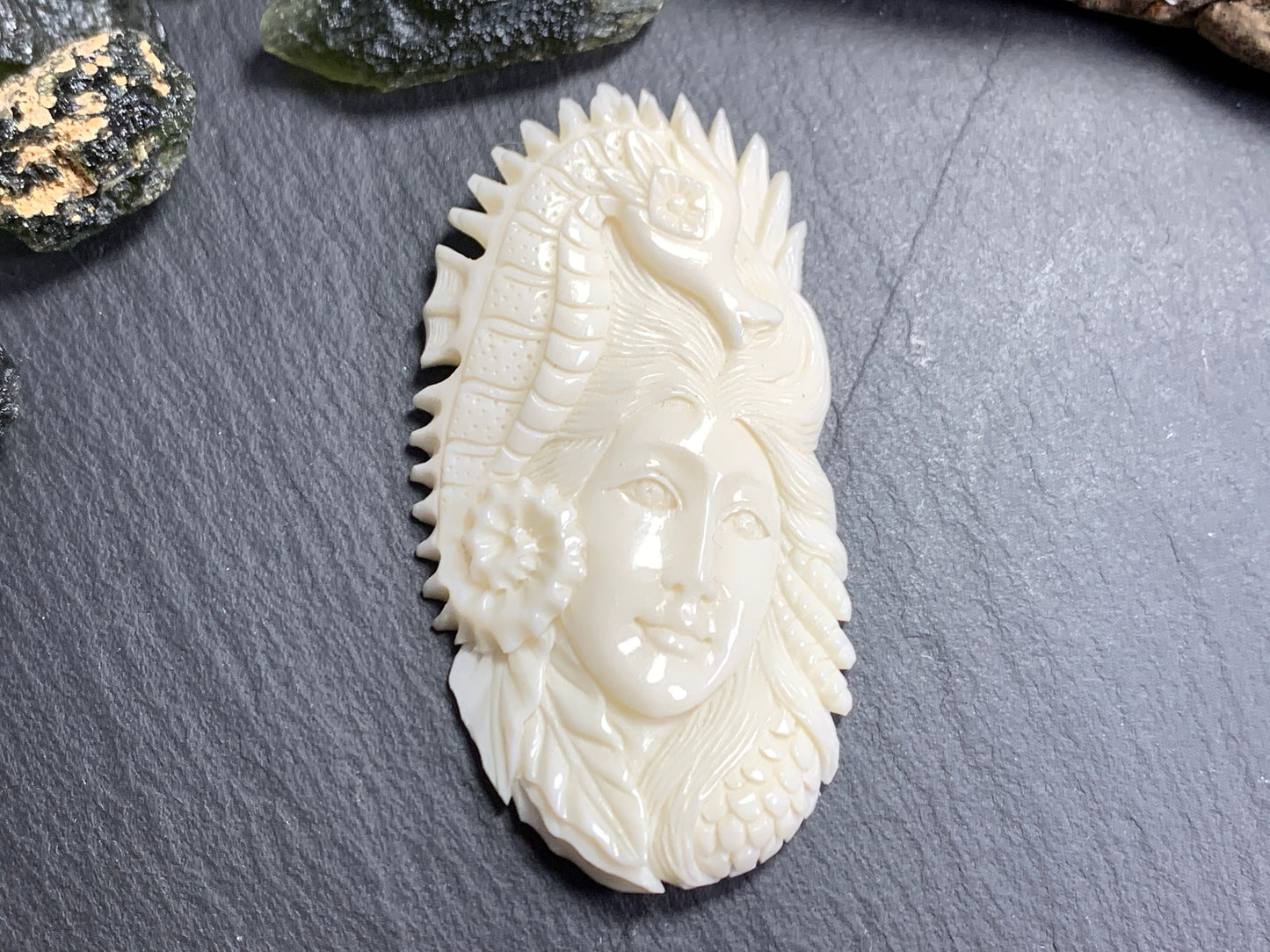 Bull Bone Carving - Woman with sea horse