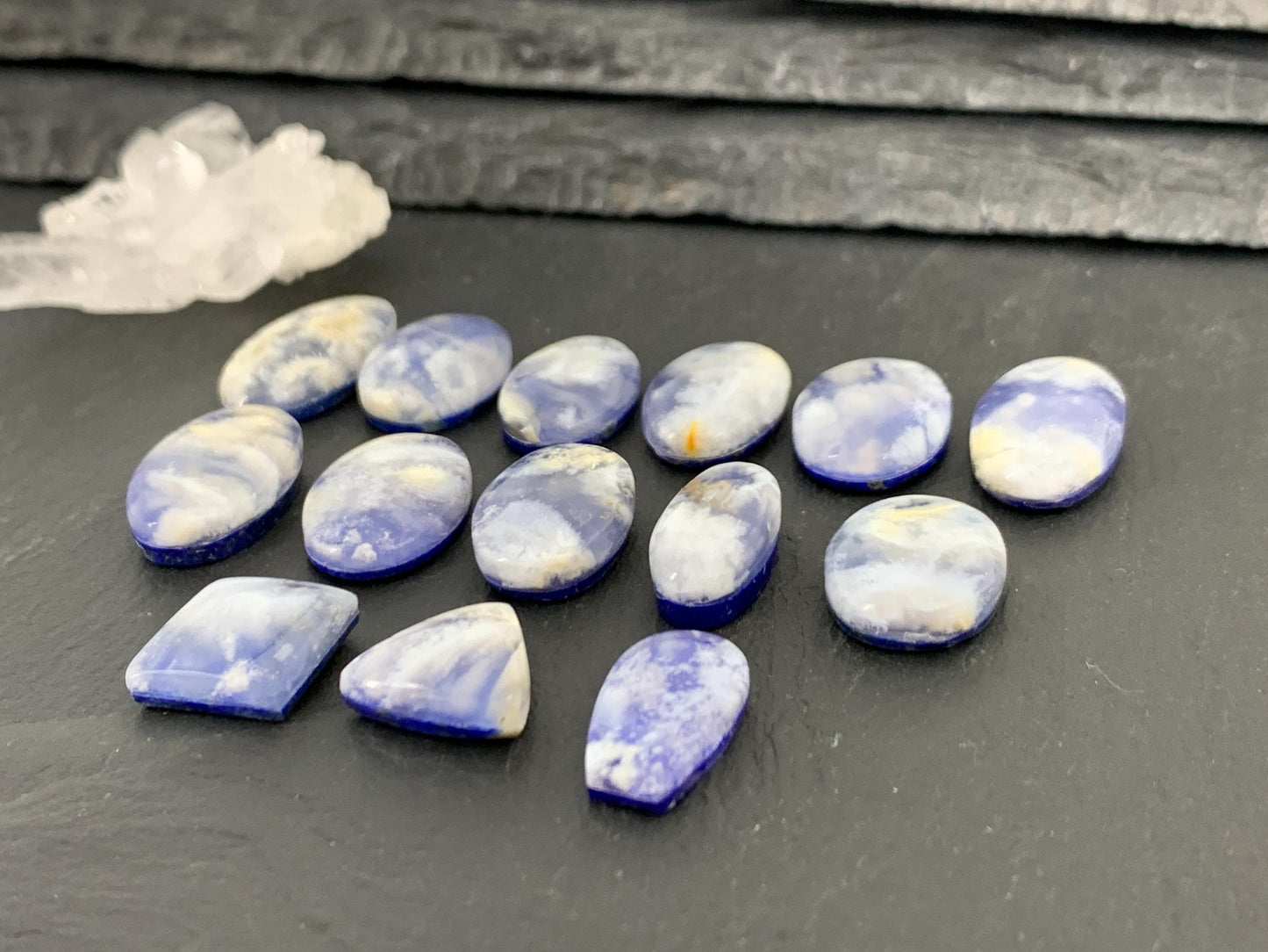 Lapis Lazuli with Plume Agate Doublet 12-21mm long cabochon - Select your piece