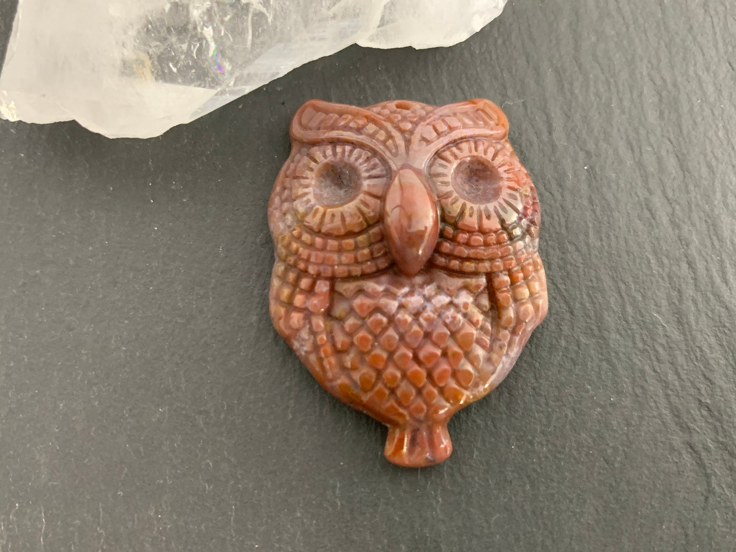 Ocean Jasper owl top drilled 26x36mm cabochon carving