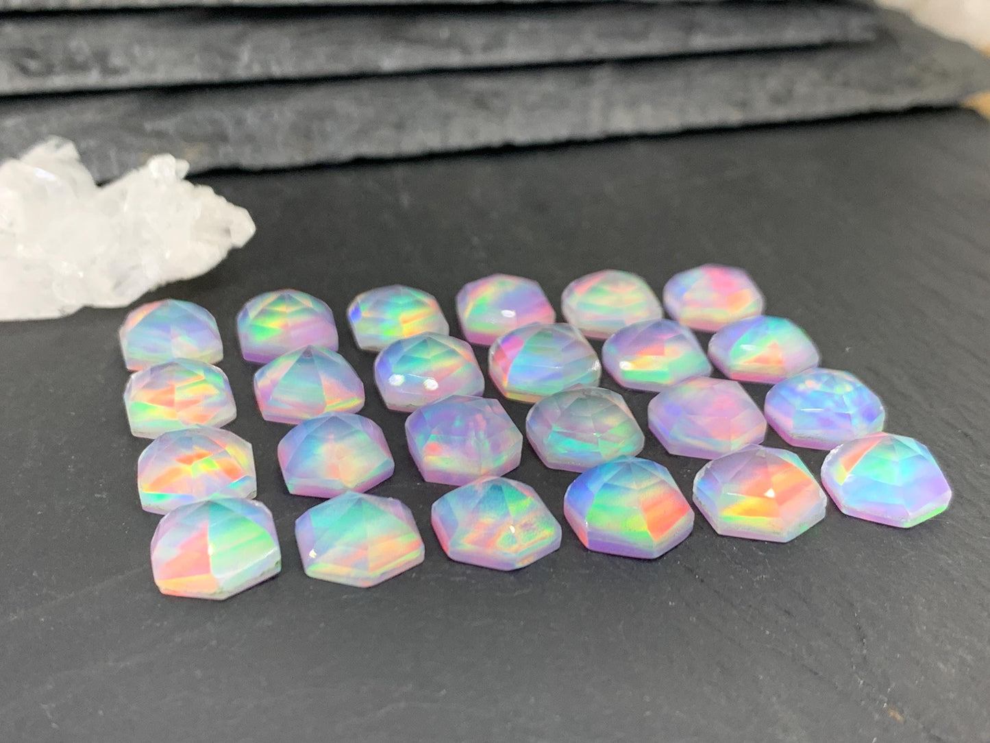 Faceted Aurora Opal hexagon 10mm cabochon - Doublet cabochons - man made Opal