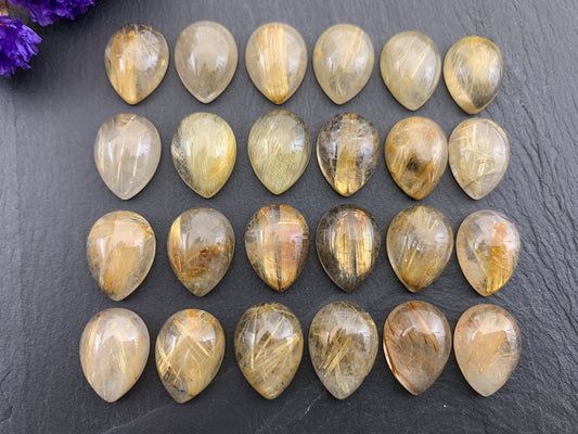 Gold Rutilated Quartz pear 12x16mm cabochon - Calibrated cabochons