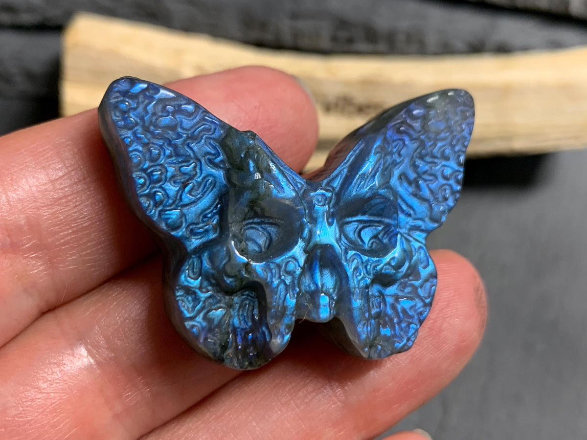 Labradorite Ghost Face Butterfly 40x28mm Flat Back Carving, Natural Labradorite, Handcrafted Crystal Jewelry