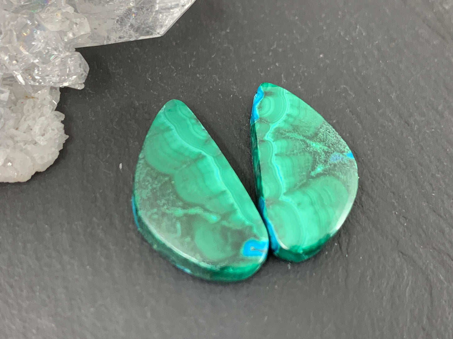 Malachite Chrysocolla free form 11x21x4mm cabochon pair