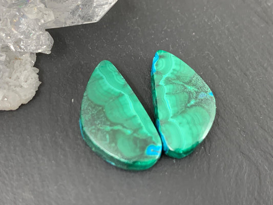 Malachite Chrysocolla free form 11x21x4mm cabochon pair