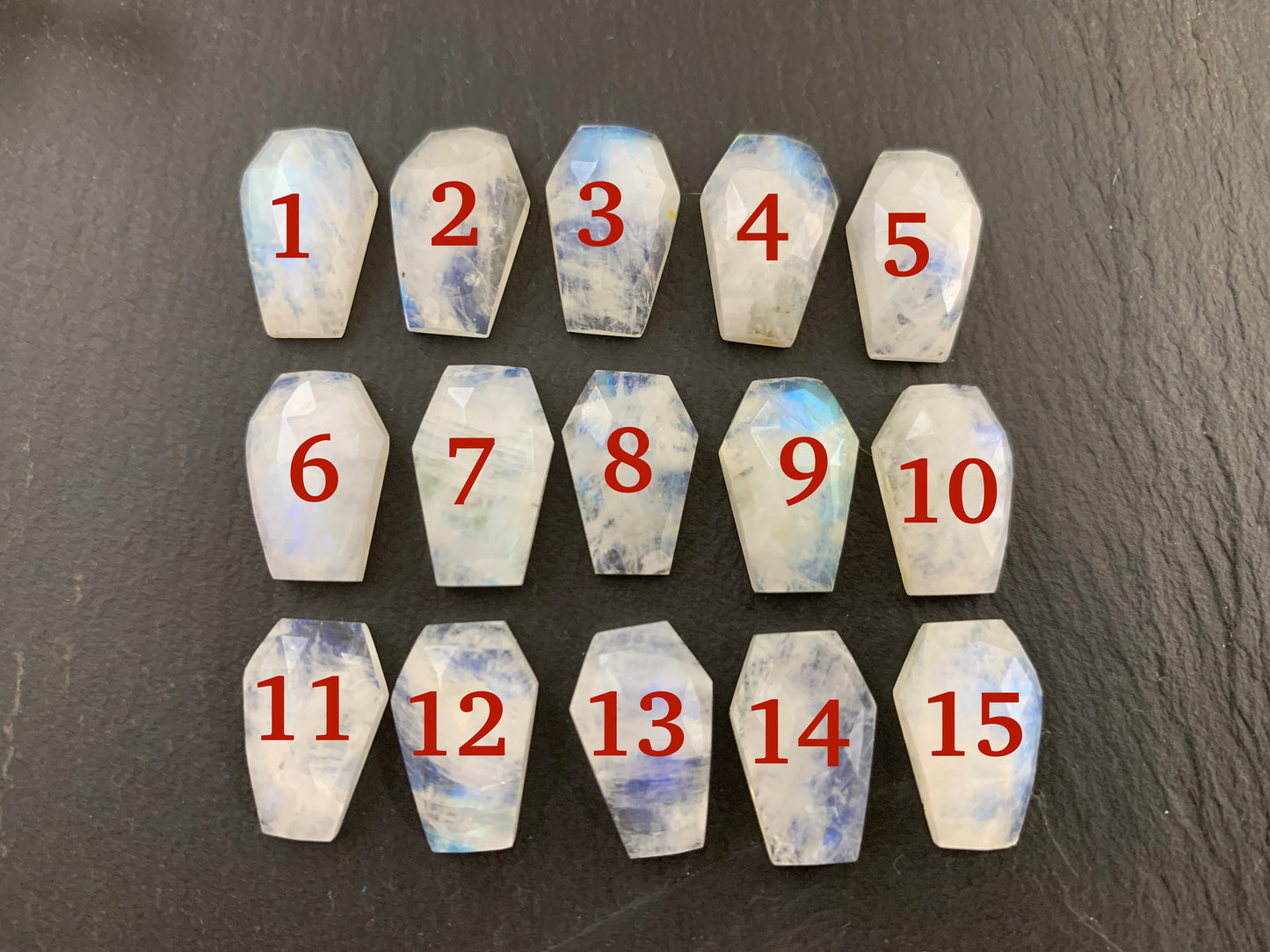 Faceted Raiblow Moonstone coffin 10x16mm cabochon