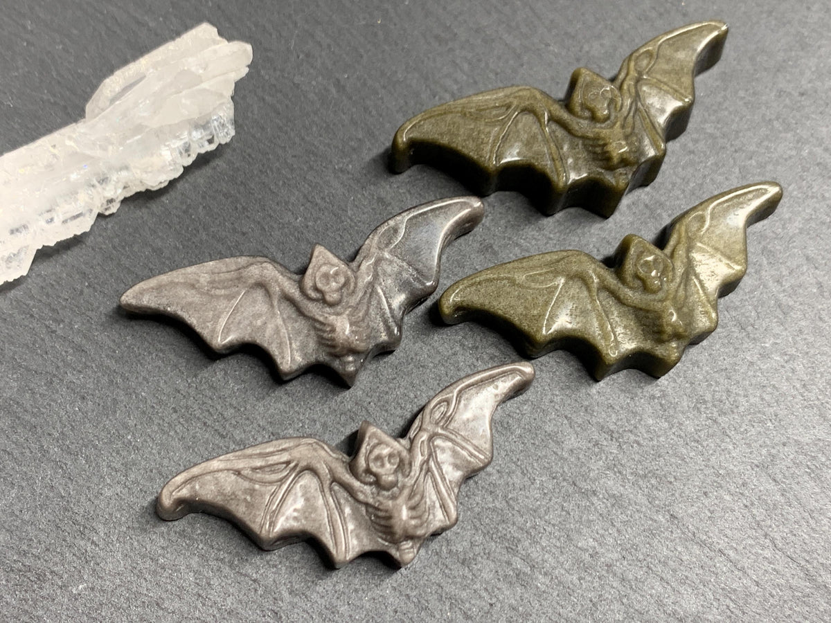 Obsidian Bat Carving, Natural Silver Gold Flat Back Gem - 50x20mm