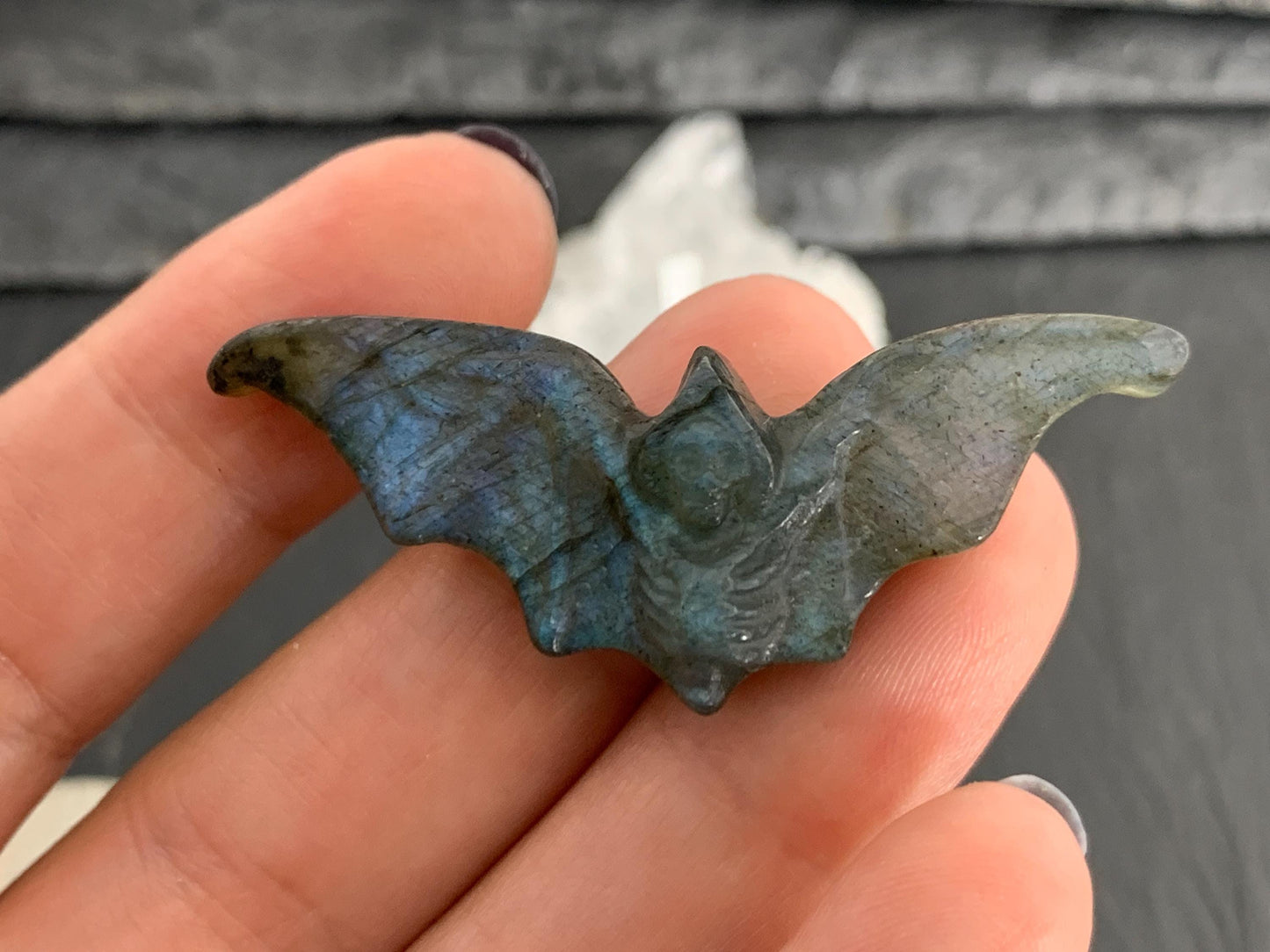 Labradorite skeleton bat 18x48mm flat back carving