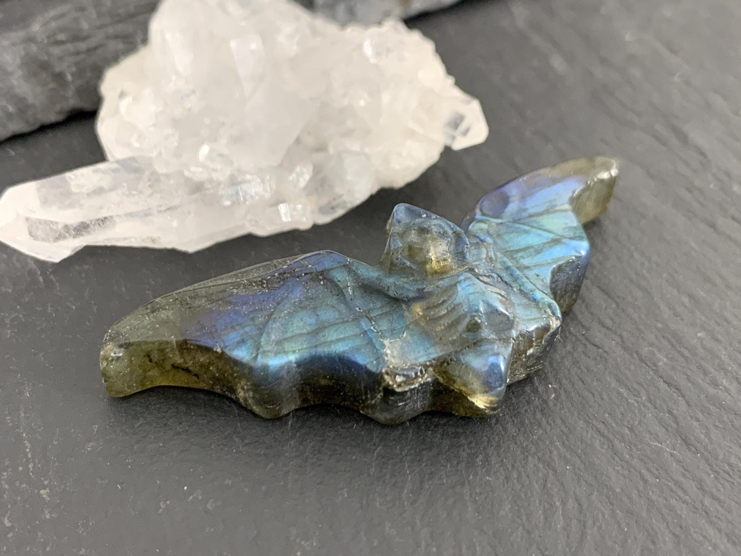 Discounted Labradorite skeleton bat 19x48mm flat back carving