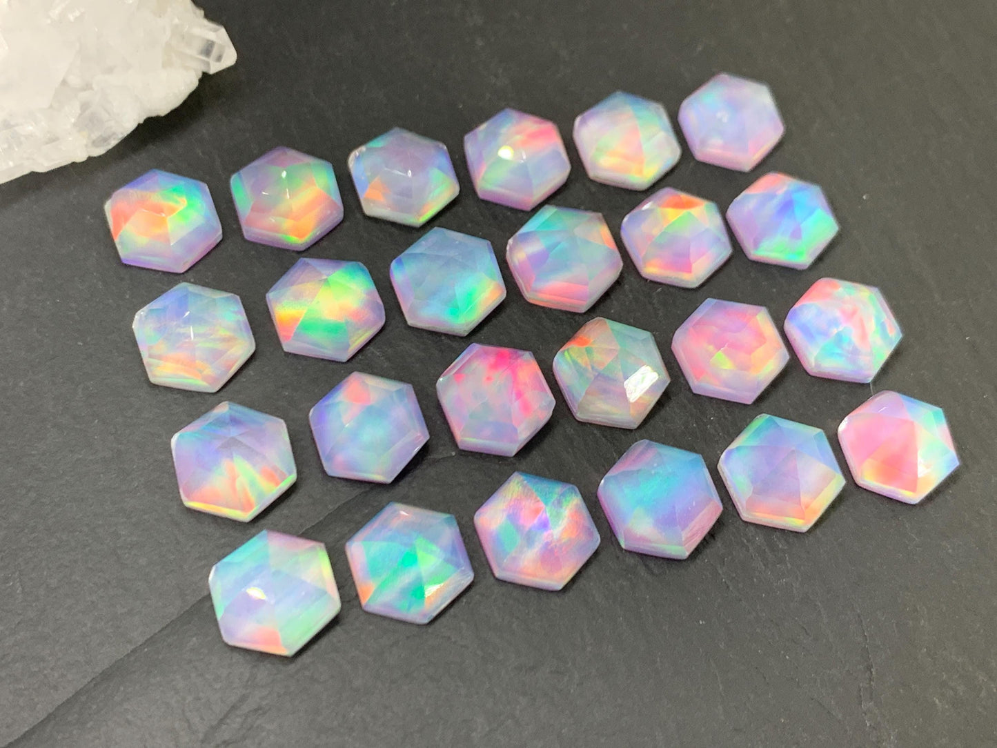 Faceted Aurora Opal hexagon 10mm cabochon - Doublet cabochons - man made Opal