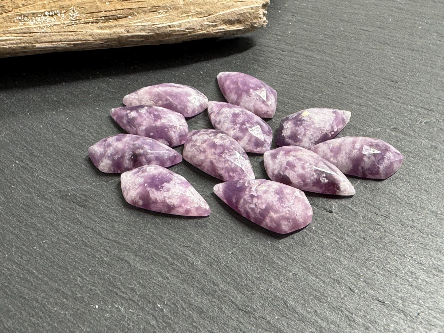 Faceted Lepidolite kite 8x15mm cabochon