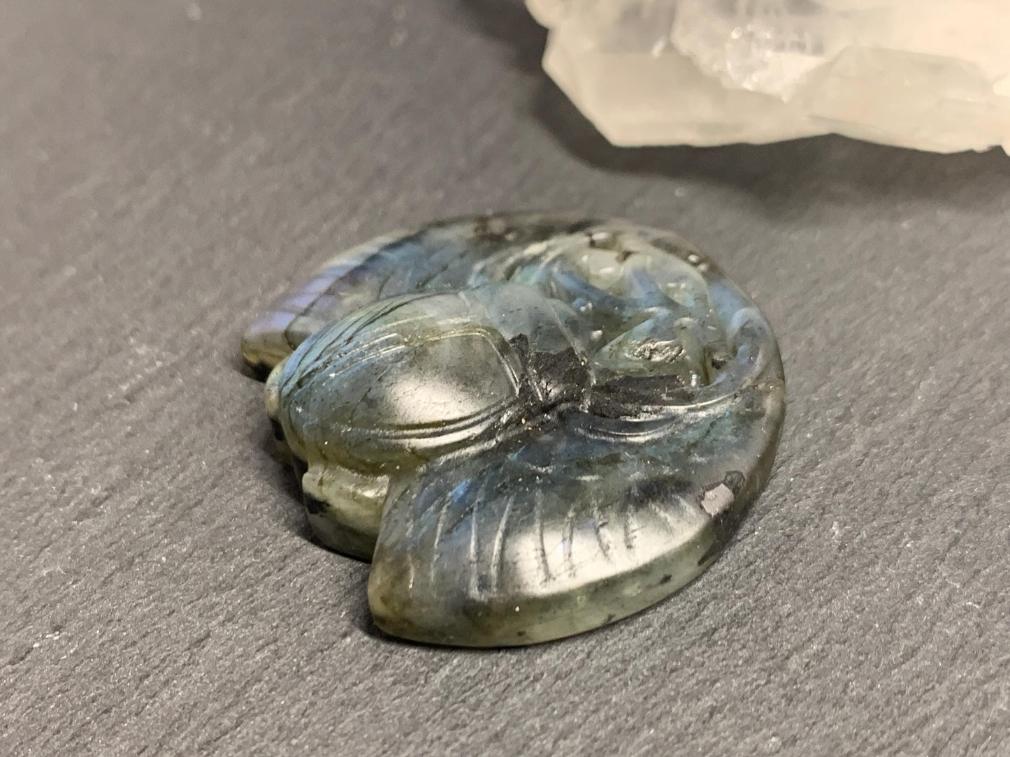 Labradorite Scarab Carving: Ancient Egyptian Eye of Horus Symbol of Protection (34x31mm)