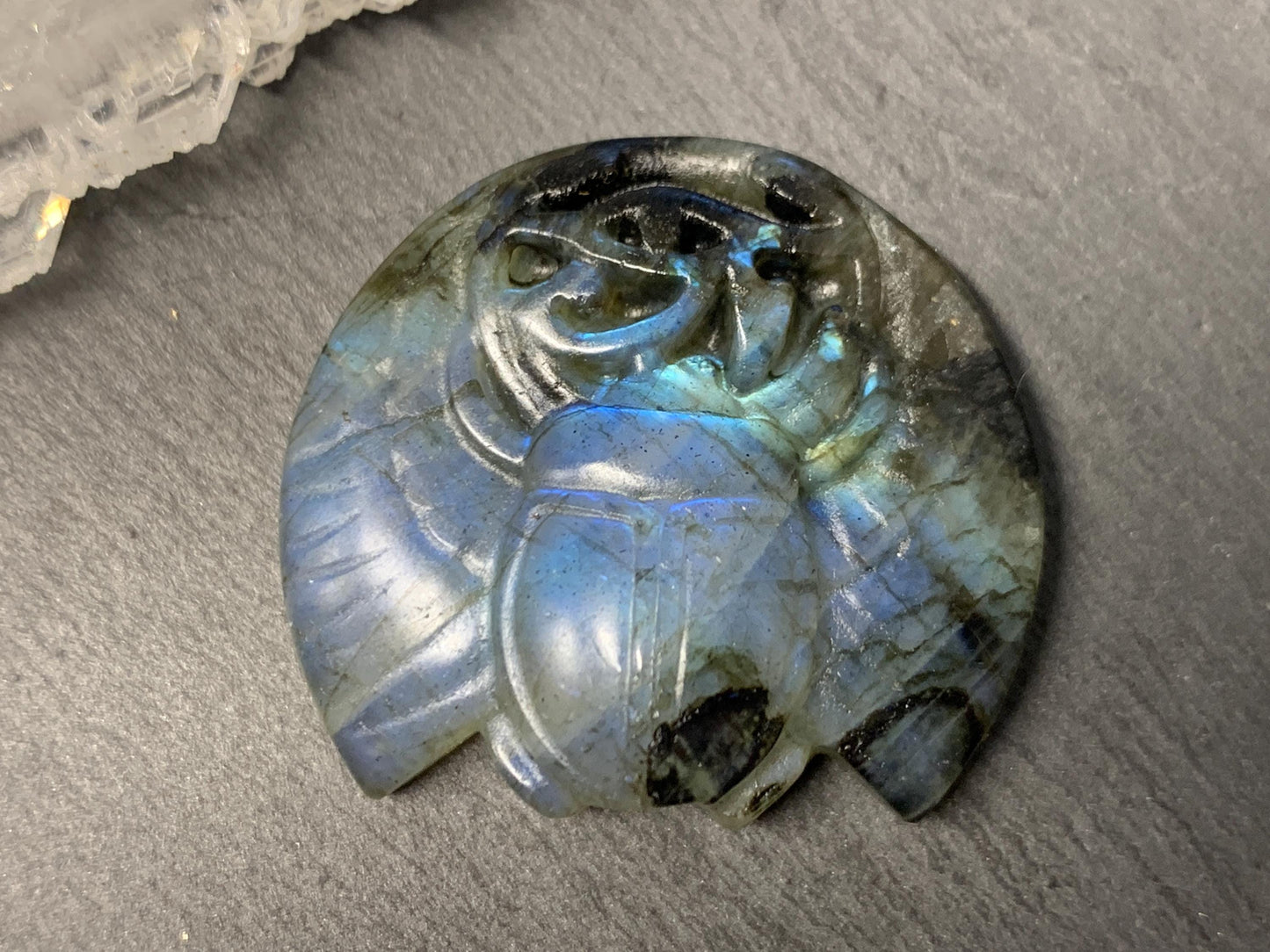 Labradorite Scarab Carving: Ancient Egyptian Eye of Horus Symbol of Protection (34x31mm)