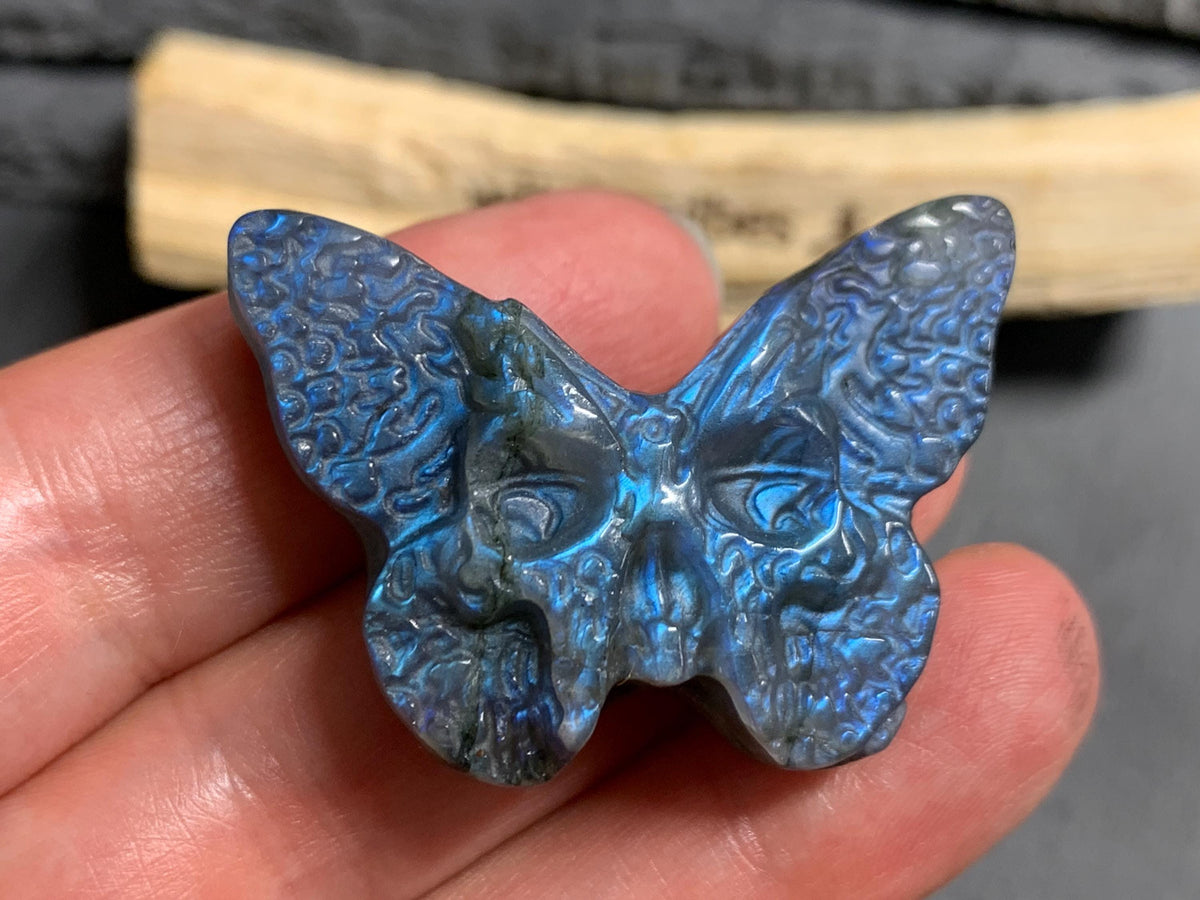 Labradorite Ghost Face Butterfly 40x28mm Flat Back Carving, Natural Labradorite, Handcrafted Crystal Jewelry
